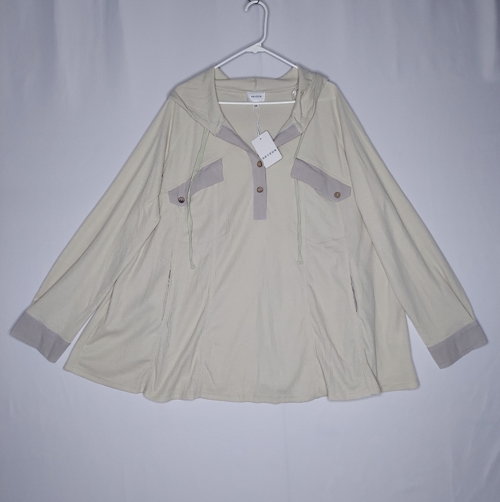 Heyson Women Thermal Waffle Henley Shirt 2XL Hooded 1/4 Button NEW